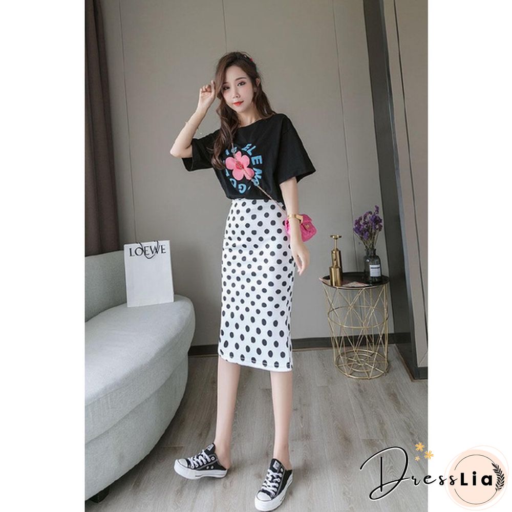 Summer New Polka Dot High Waist Skirt Mid-Length Slit Bag Hip Skirt Female Plus Size Skirts Womens Print Casual