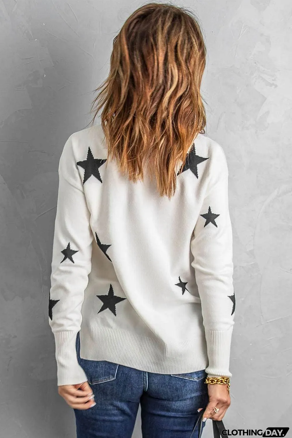 White Turtleneck Dropped Sleeve Star Print Sweater