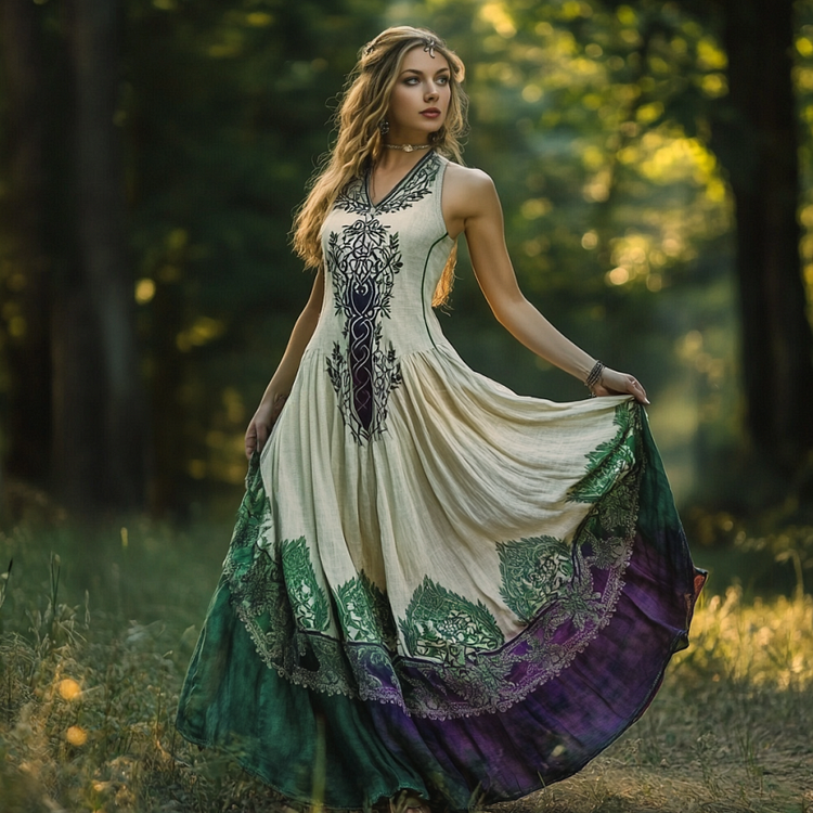 Vintage Viking Tribal Celtic Knot Life Of Tree Lace Patchwork Art Linen Tank Dress