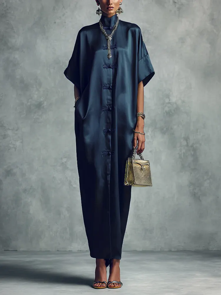 Navy Blue Stand-up Collar Button-down Maxi Dress