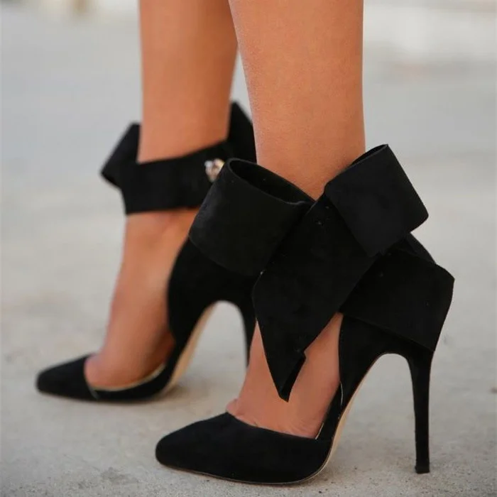 Black Side Bow Closed Toe Suede Stiletto Pumps Vdcoo