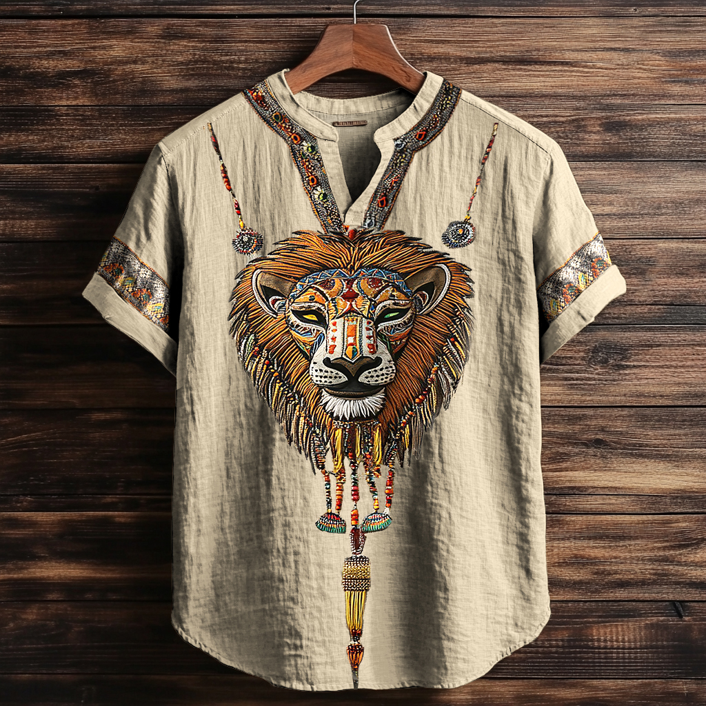 Men's Vintage African Lion Art Geometry Art Linen Shirt