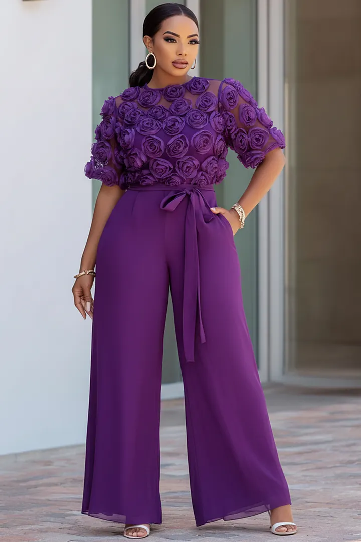 Xpluswear Design Plus Size Formal Purple Round Neck Short Sleeve 3D Wide Leg Jumpsuits 2024 - Xpluswear