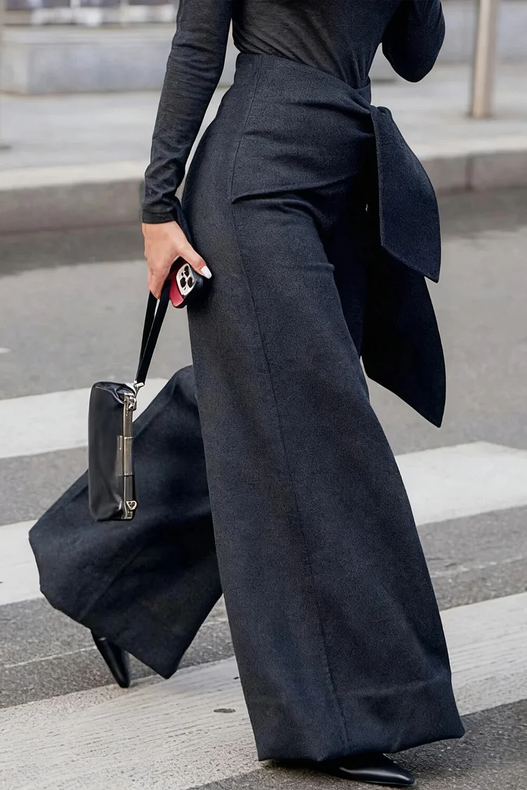 Plus Size Business Casual Black Pocket Wrap Wide Leg Casual Pants 2024 - Xpluswear