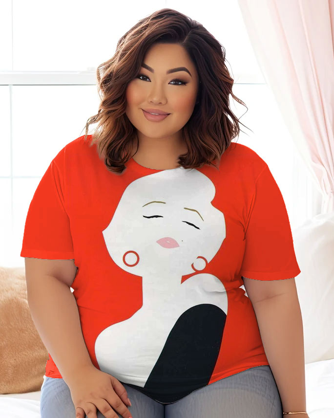 Women's Plus Size Cartoon Illustration of Monroe Round Neck Short Sleeve T-Shirt