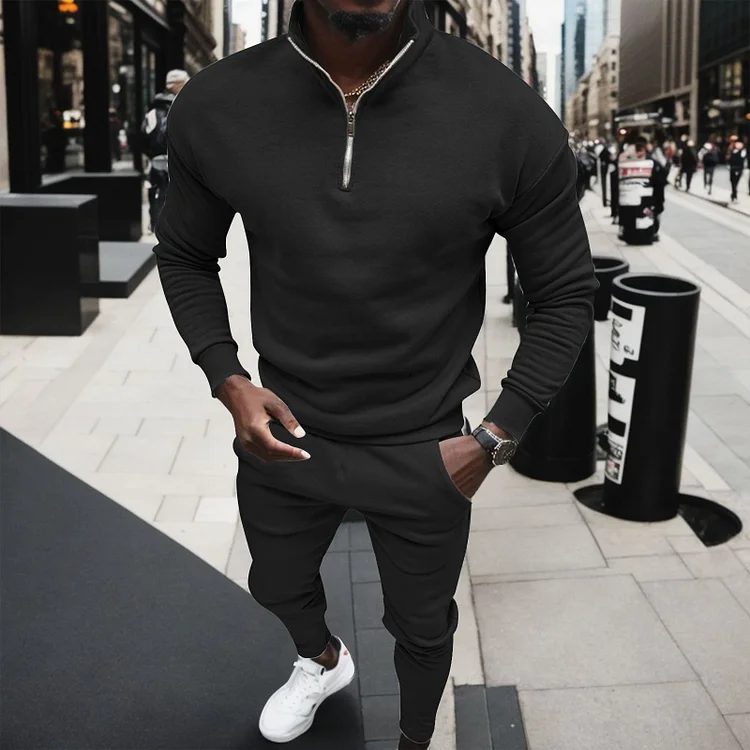 Utbros Men's  Half Zipper Solid Color Stand Collar Fleece-Lined Long Sleeve Sweater And Pants Co-Ord