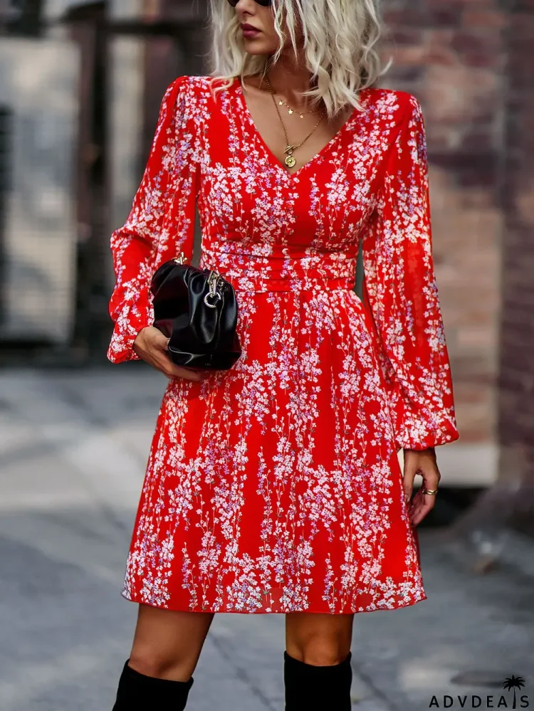 Spring And Autumn Floral Print V-Neck Long Sleeve Casual Dresses