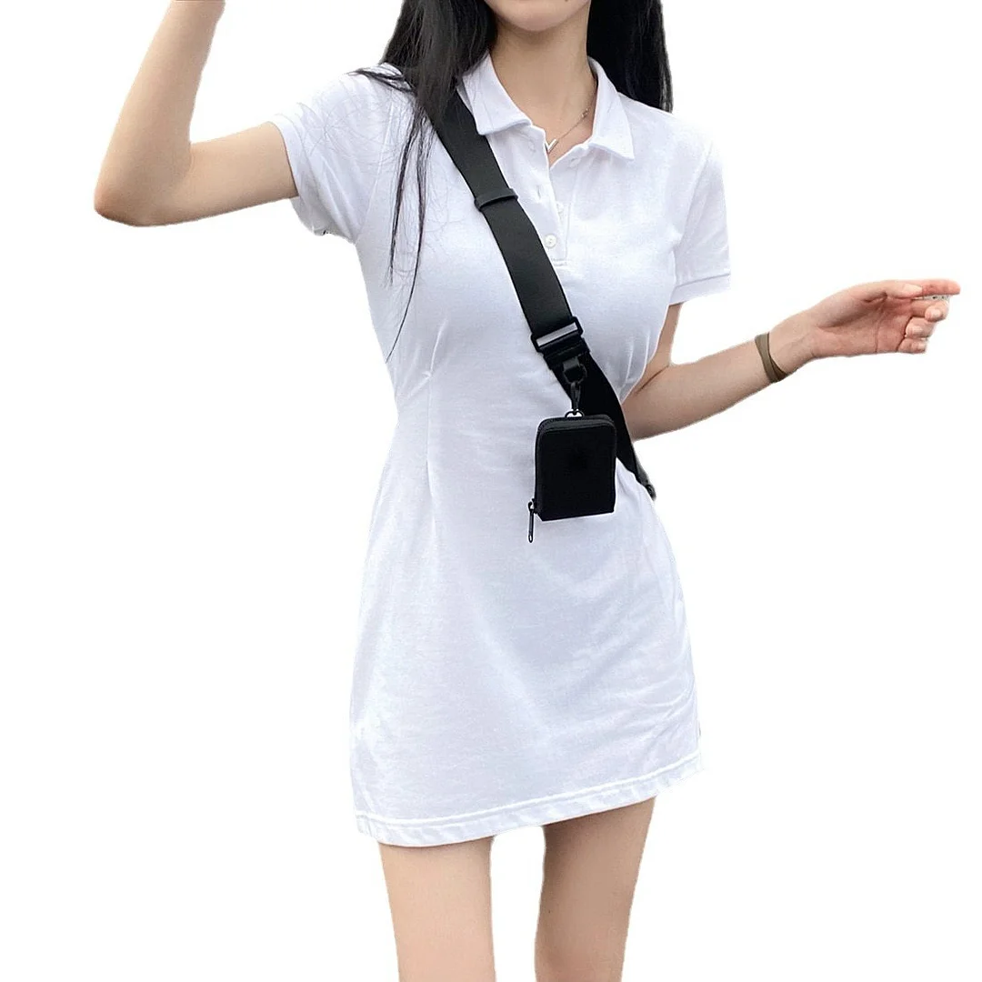 Churchf Churchf Chic Spring Retro Niche Lapel Slim Slim Pure Color Short Sleeve Short Package Hip Dress Short Skirt