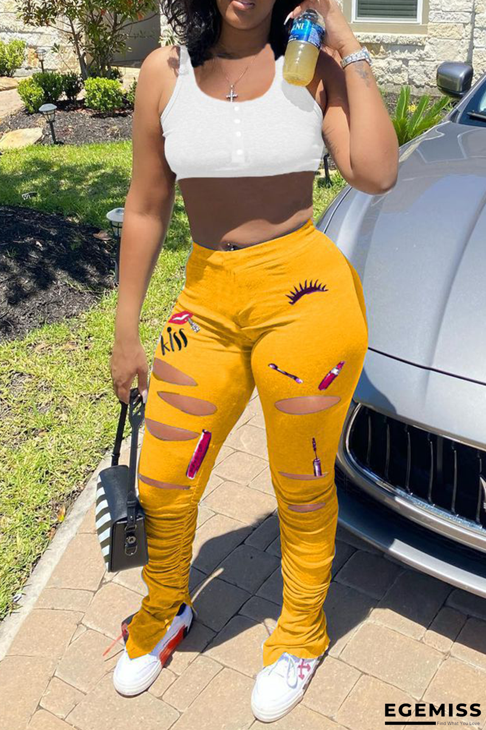 Yellow Casual Print Ripped U Neck Sleeveless Two Pieces | EGEMISS