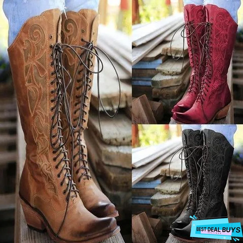 Lace-Up Winter Knee-High Boots Chunky Heel Artificial Leather Boots