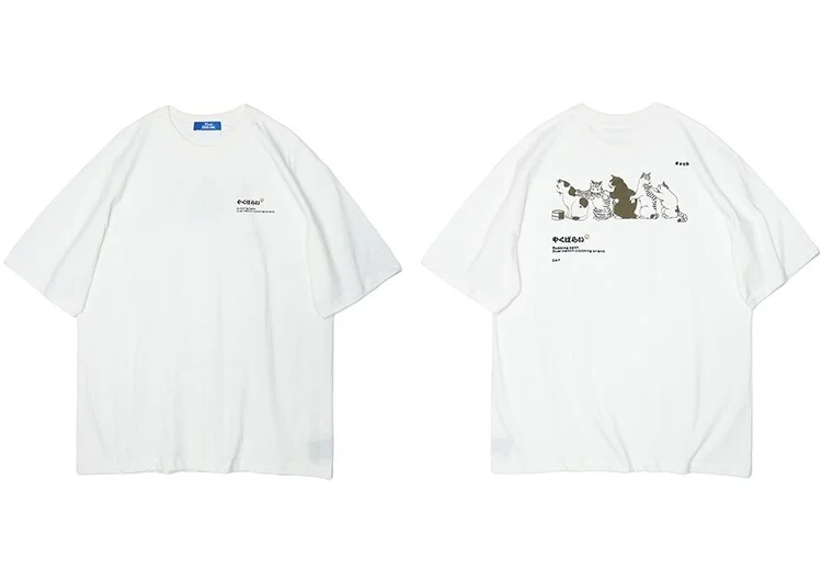 Jangj 2021 Men Hip Hop T Shirt Streetwear Japanese Kanji Harajuku Funny Cat T-Shirt Summer Short Sleeve Tops Tees Cotton Print Tshirts