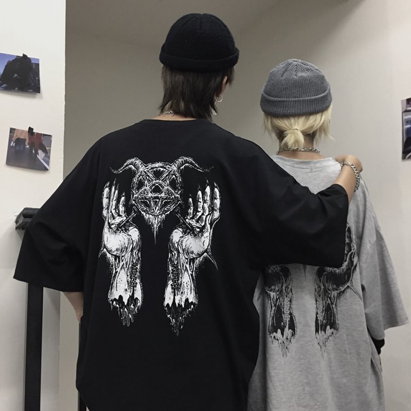 Harajuku Dark Horror Gesture Print Couple T-Shirt