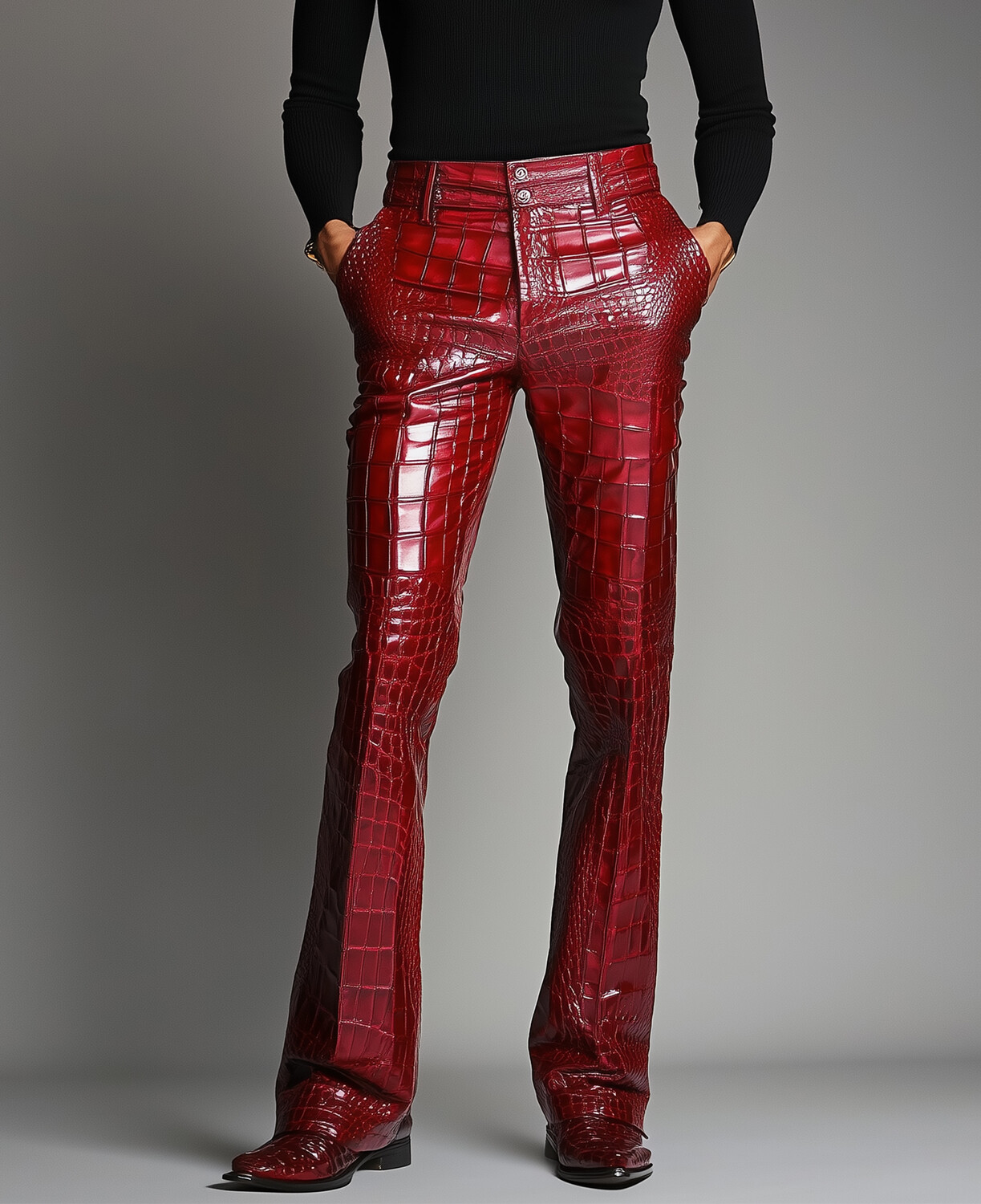 Okaywear PU Leather Alligator Pattern Slant Pocket Flare Leg Pants