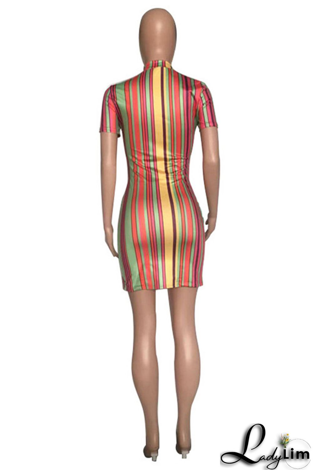 Orange Fashion Casual Striped Print Split Joint Half A Turtleneck Short Sleeve Dress