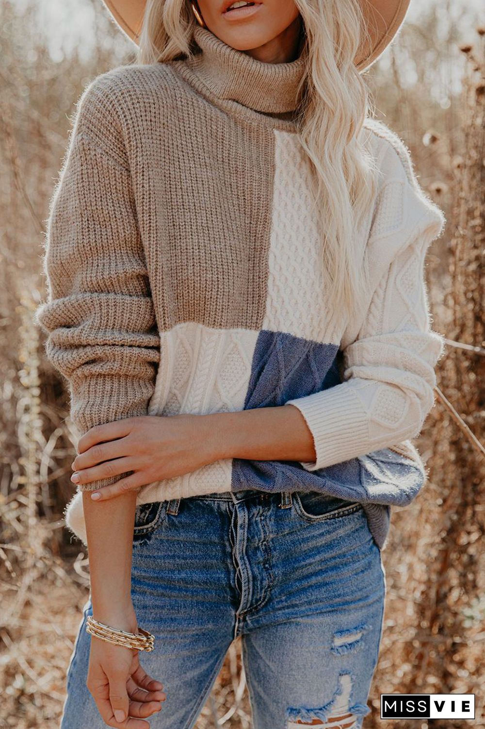 Casual Patchwork  Contrast Turtleneck Tops