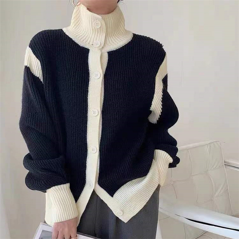Loose soft waxy sweater with contrasting high neck