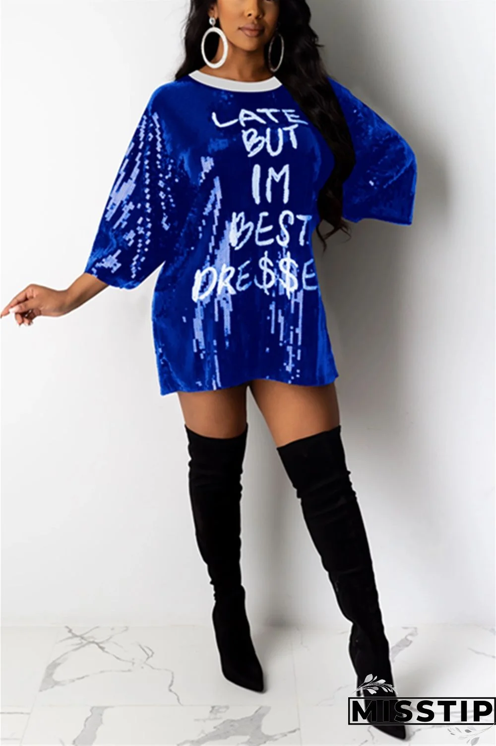 Blue Casual Sexy Letter Offset Hip Dress