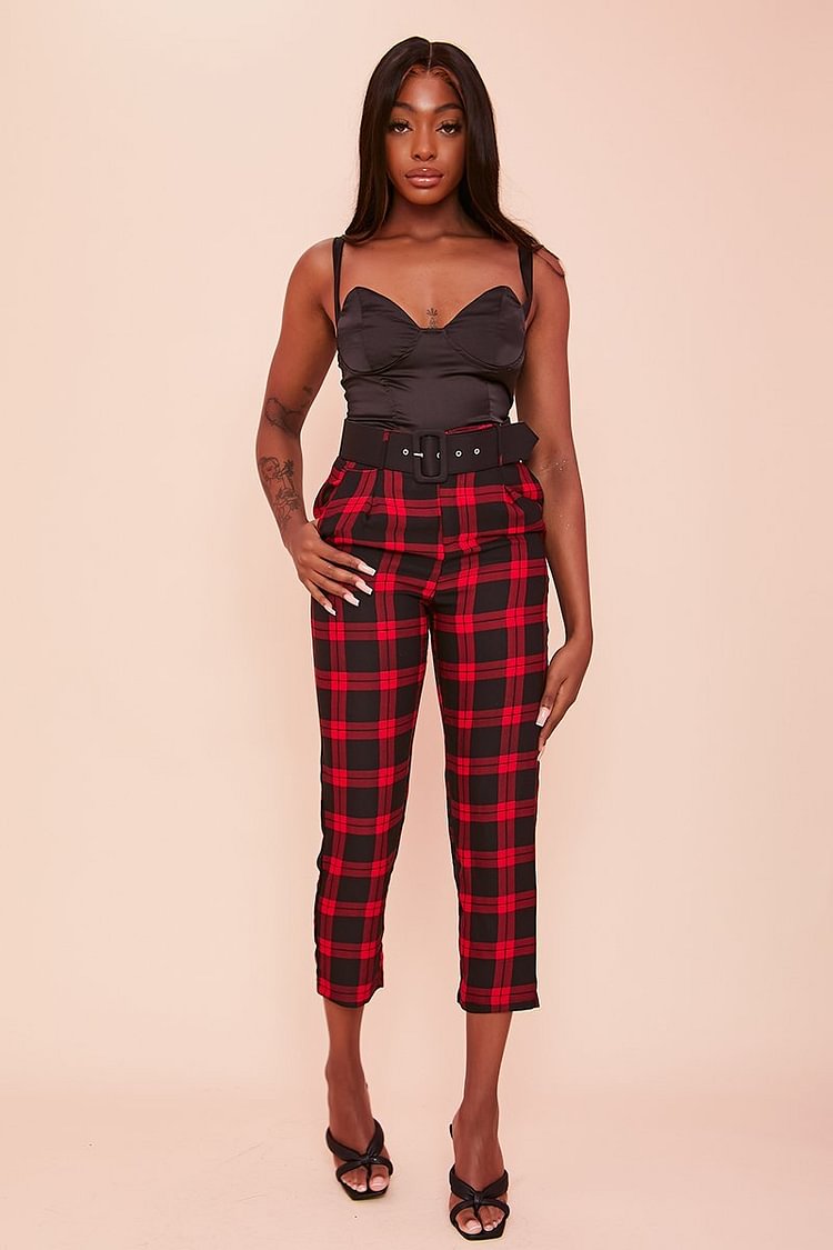 Red Belted Tartan Trousers | KatchMe