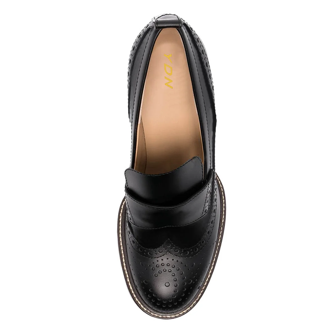 Black Slip-On Hollowed Round Toe Womens Loafers with Block Heel