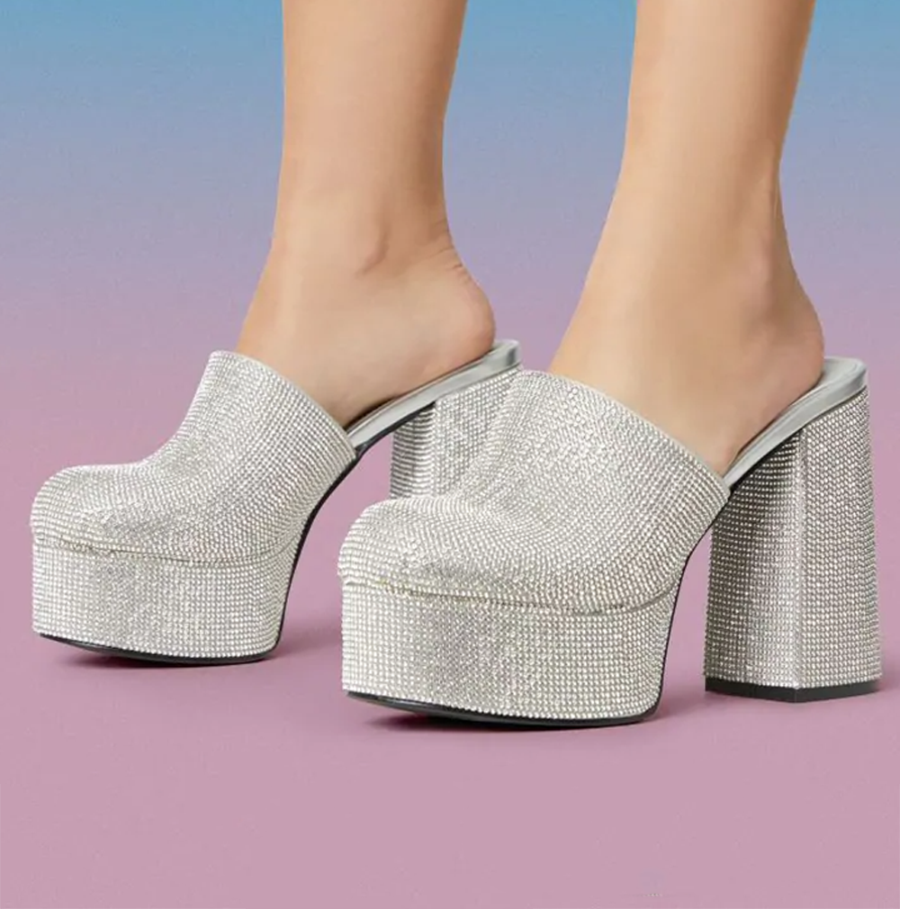 Silver Rhinestone Closed Toe Chunky Heel Platform Mules Nicepairs