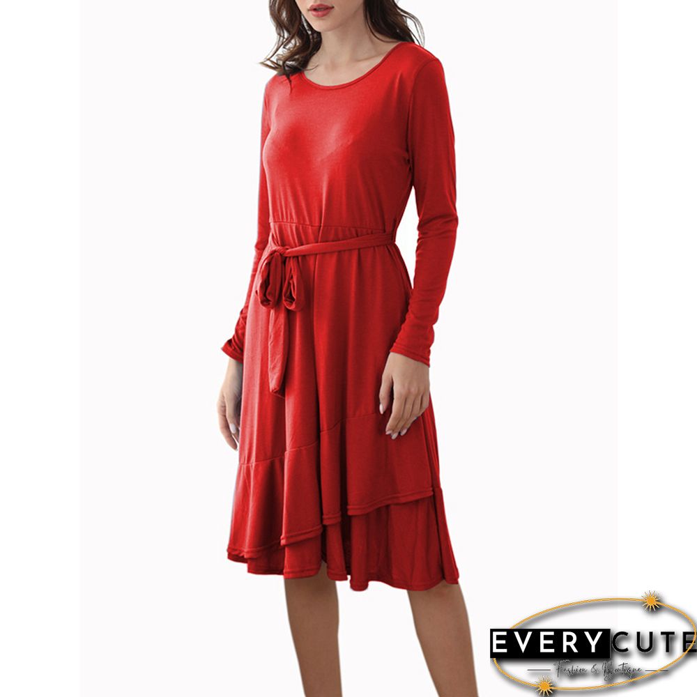 Red Ruffled Hem Tie Waist Long Sleeve Casual Dress