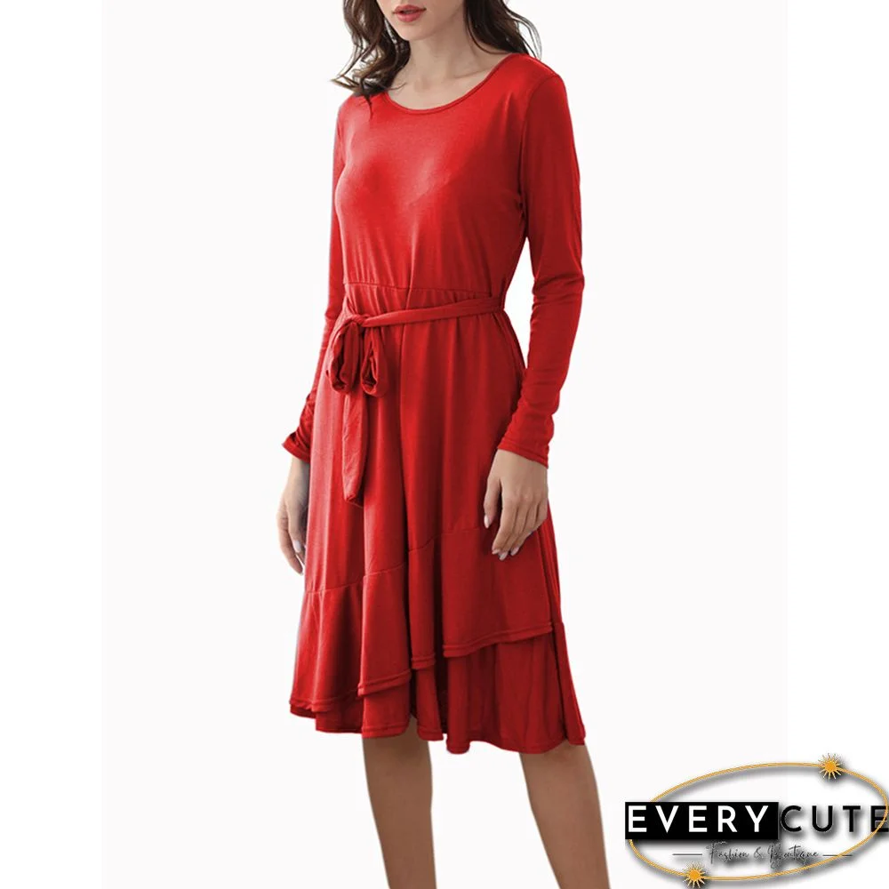 Red Ruffled Hem Tie Waist Long Sleeve Casual Dress