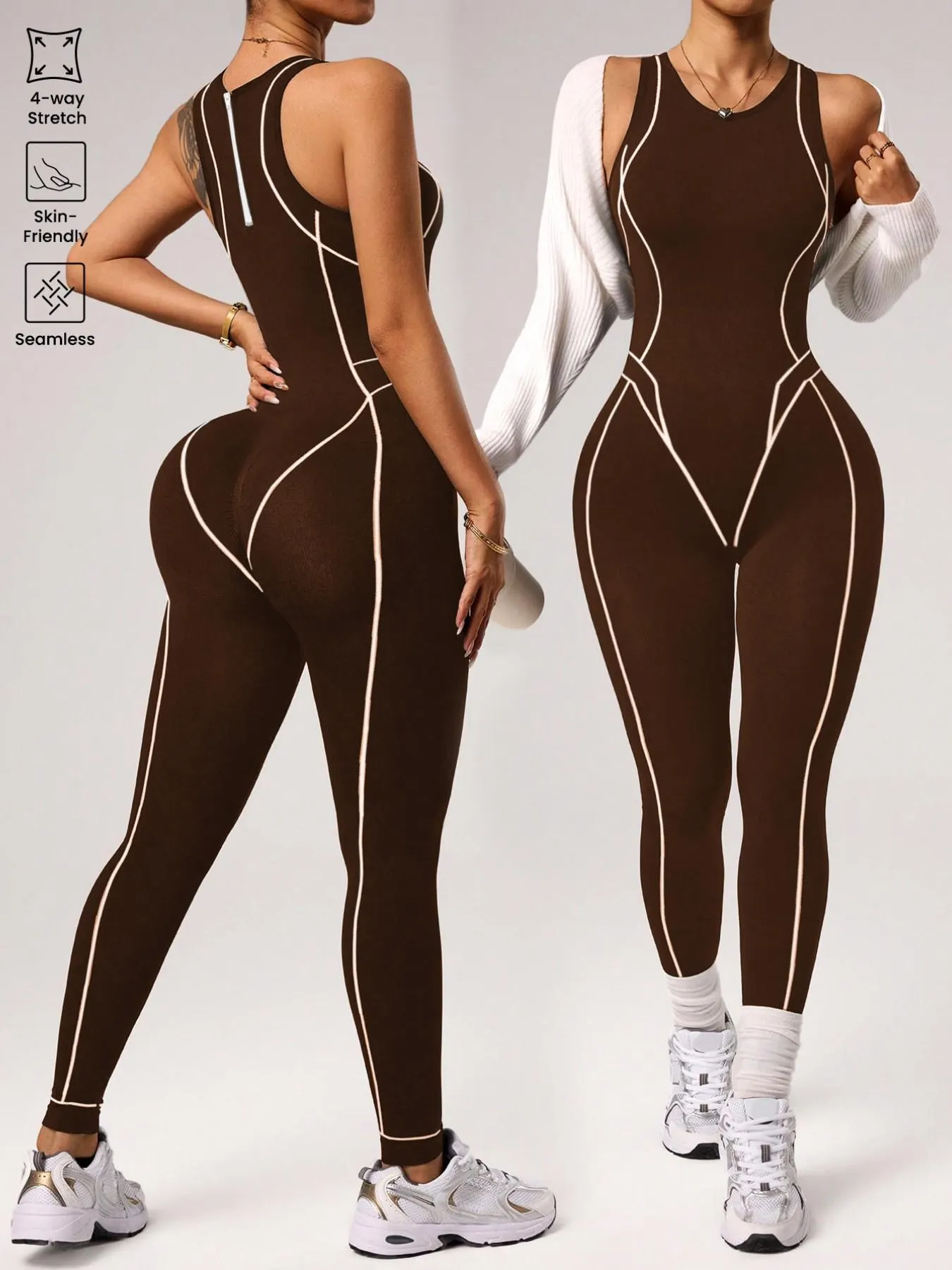 Women's Seamless High Elastic Yoga Jumpsuit, Back Zipper, Breathable Sportswear, Suitable for All Seasons, Ideal for Gym, Running, Yoga, Sporty Jumpsuit