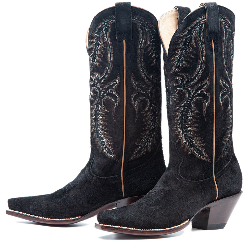Feather Embroidered Snip Toe Pull-On Knee-High Cowgirl Boots in Black Nicepairs
