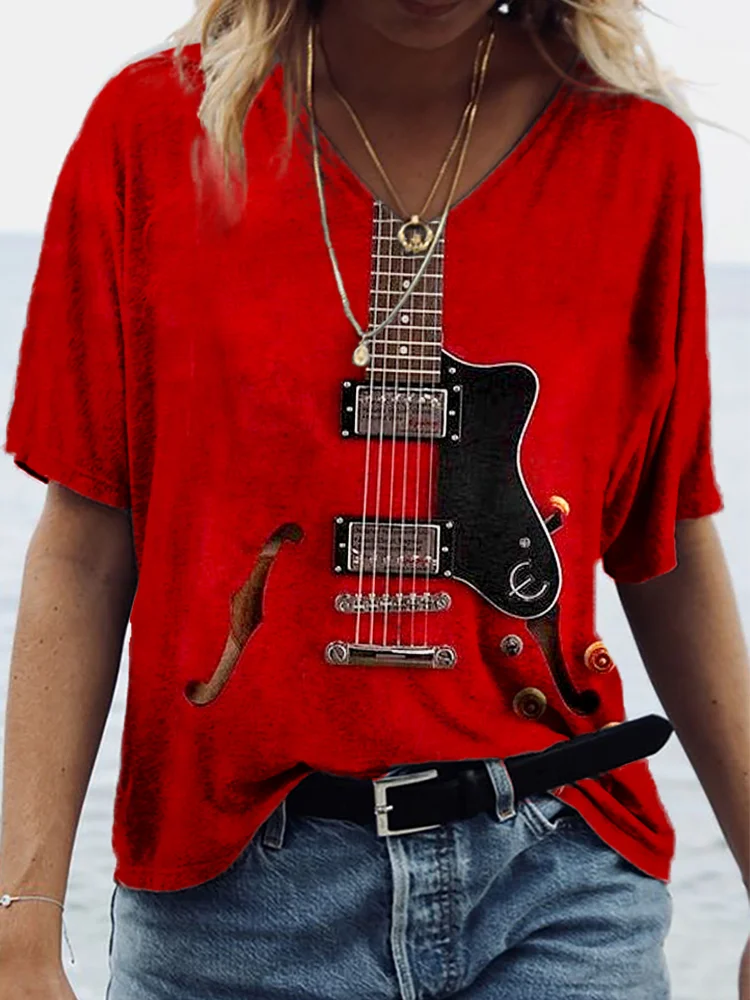 Electric Guitar Inspired V Neck Comfy T Shirt