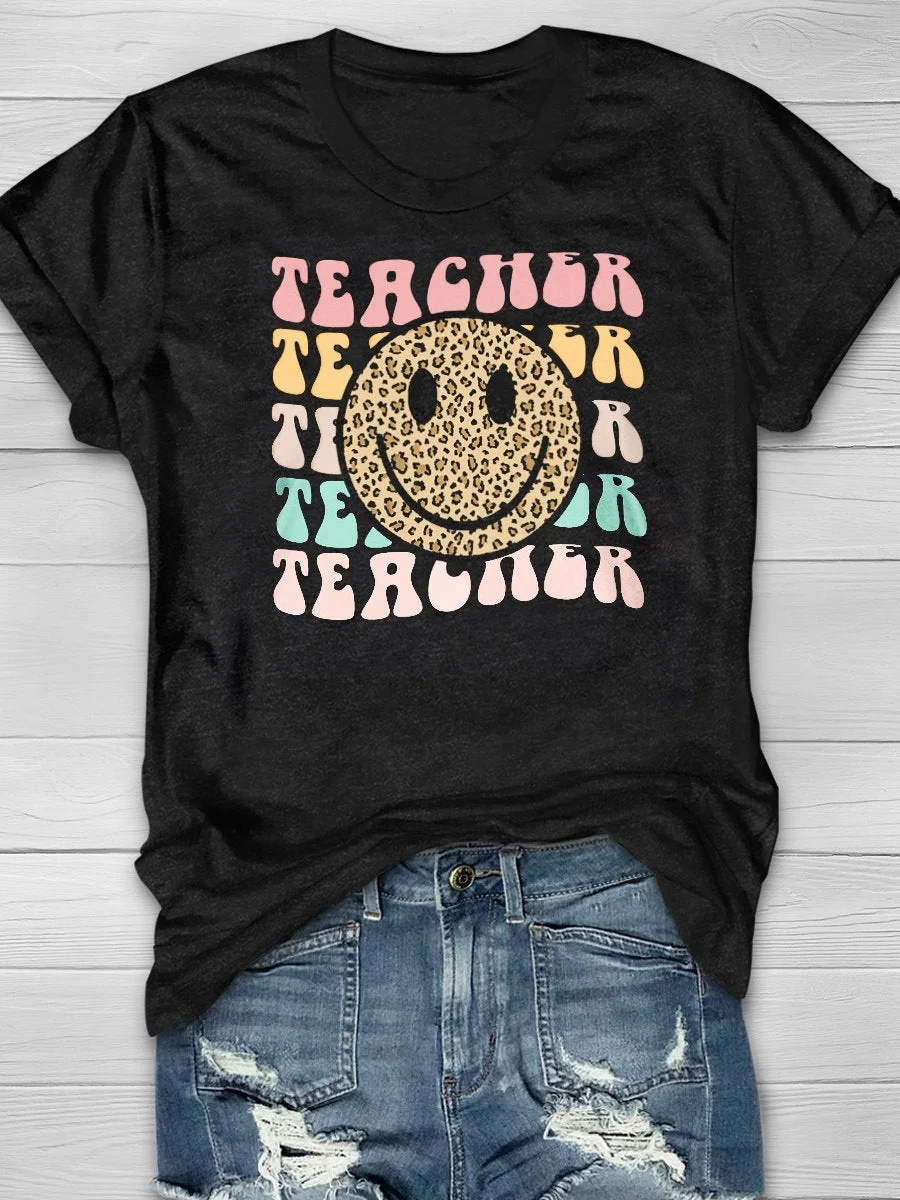 Retro Leopard Smiley Face Teacher Print T-shirt