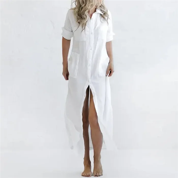 Casual lapel pocket solid color split shirt dress