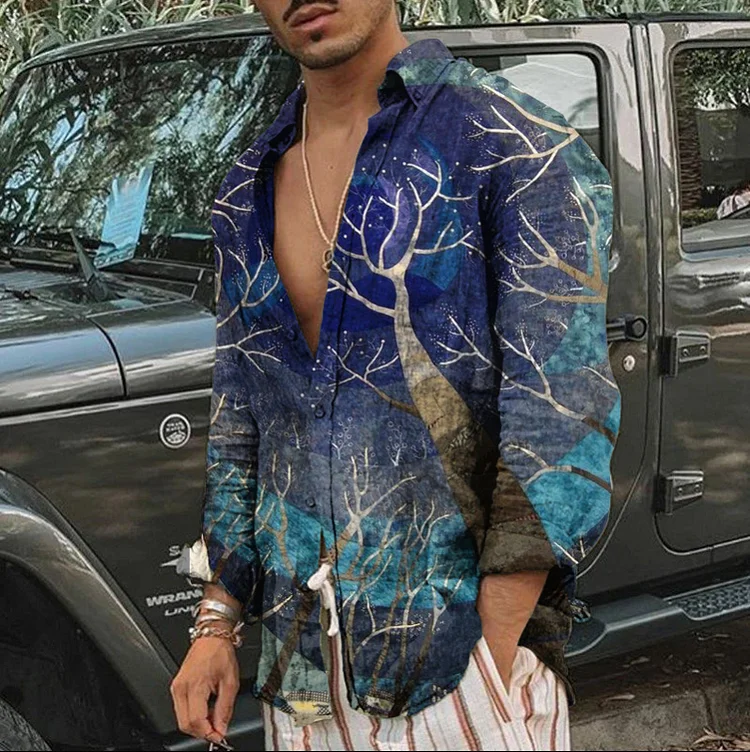 Tree printed men's casual long sleeved shirt top