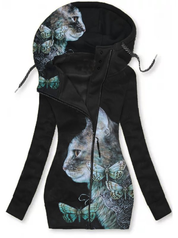 Retro Cat Print Zip Hooded Jacket Coat