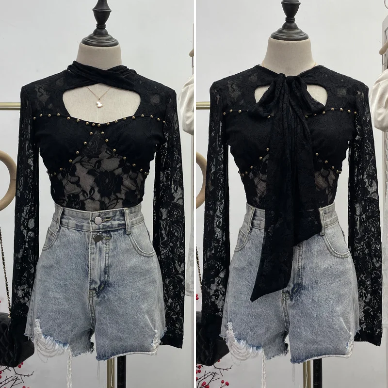 Uveng Explosion Real Shot Design Lace Ribbon Hollow Long Sleeve Top Sexy Slimming Bottom T-Shirt 8979