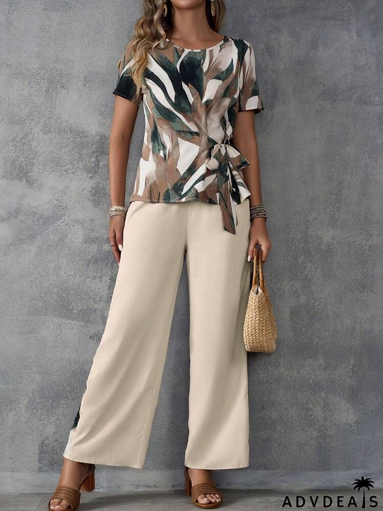 Ladies' Summer Vacation Casual Random Print Tie-Front Short Sleeve Shirt And Patchwork Long Pants Set