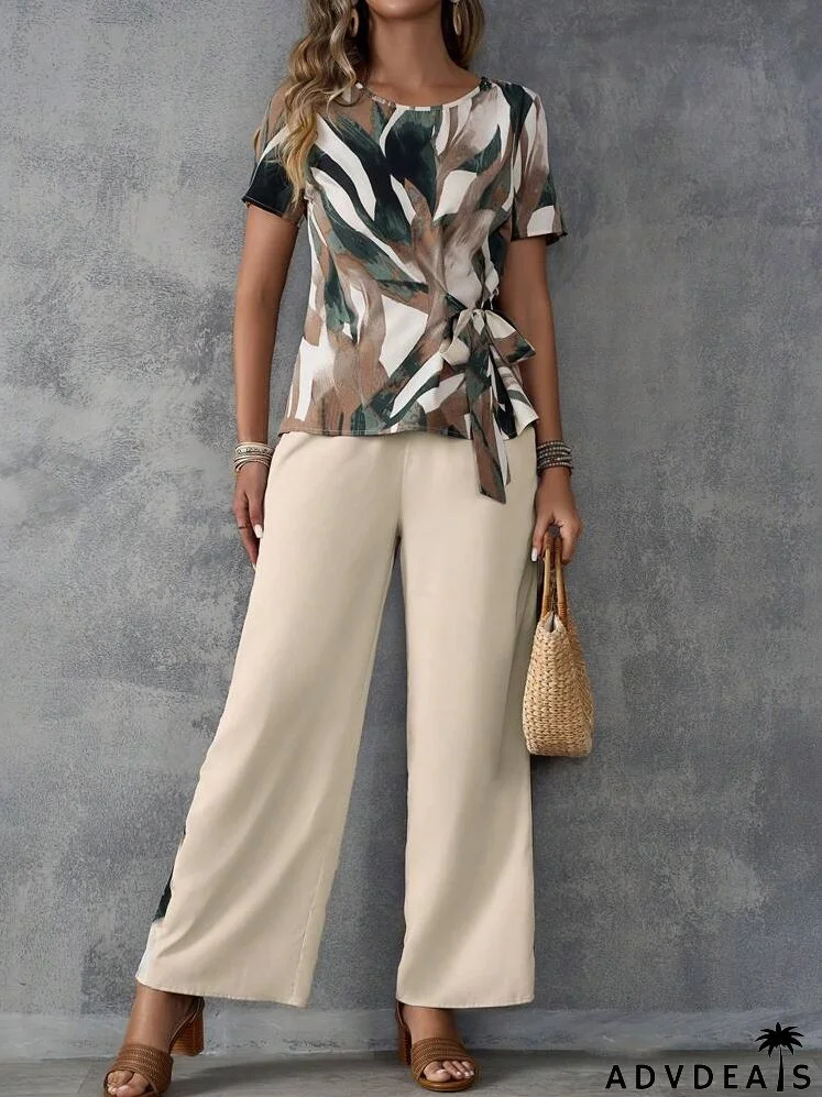 Ladies' Summer Vacation Casual Random Print Tie-Front Short Sleeve Shirt And Patchwork Long Pants Set