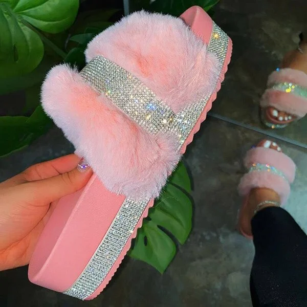 Fur Slides Sandals Women Summer Rhinestone Glitter Slippers Jelly Fluffy Furry Sexy Plush Ladies Fox Fur Shoes Sandals 2021