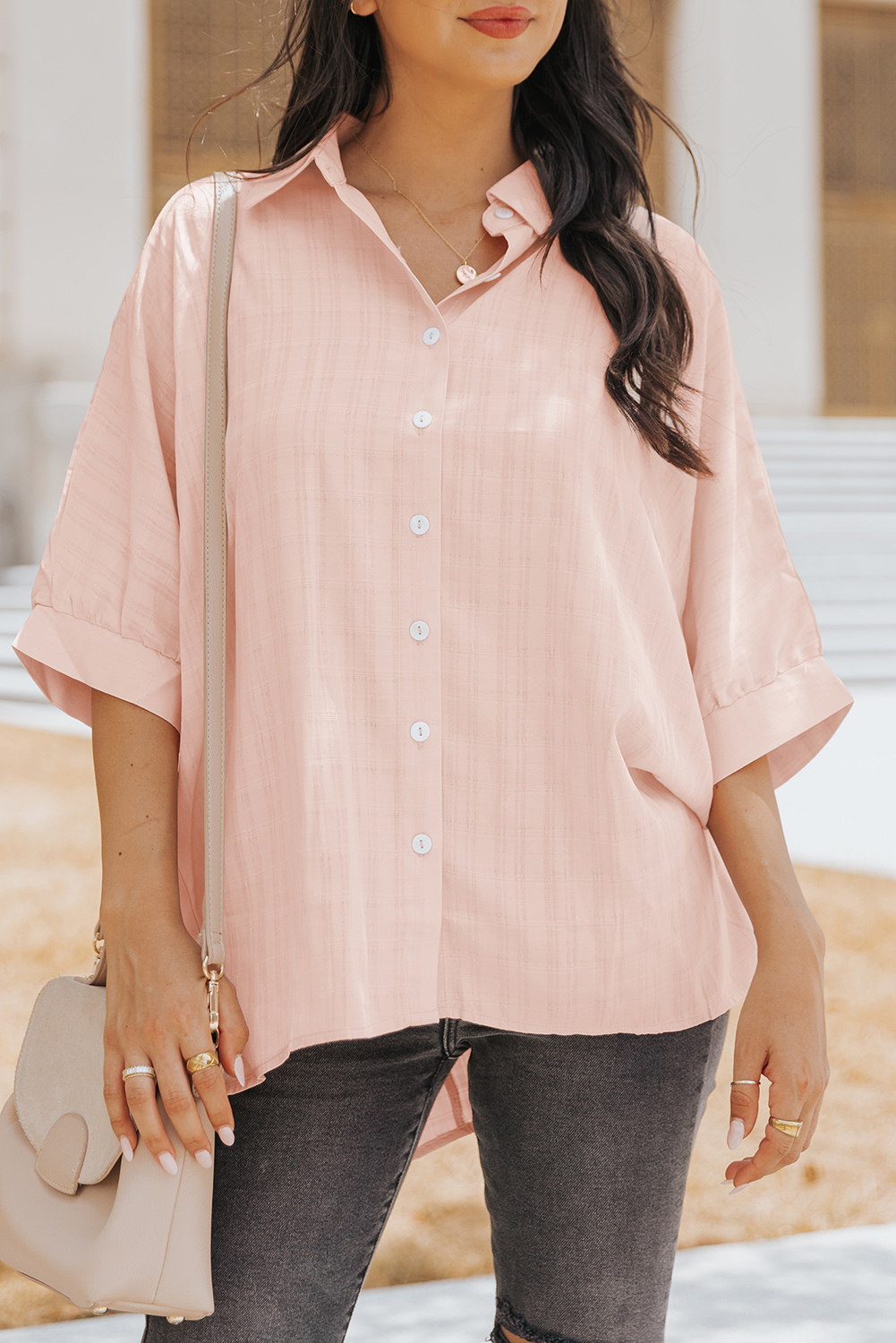 Pink Button Front Dolman Sleeves Shirt