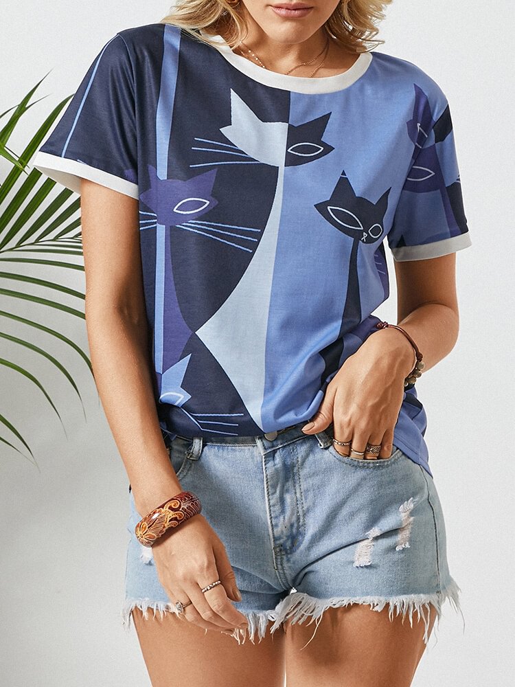 Abstract Cat Print Short Sleeve O neck T Shirt For Women P1834139