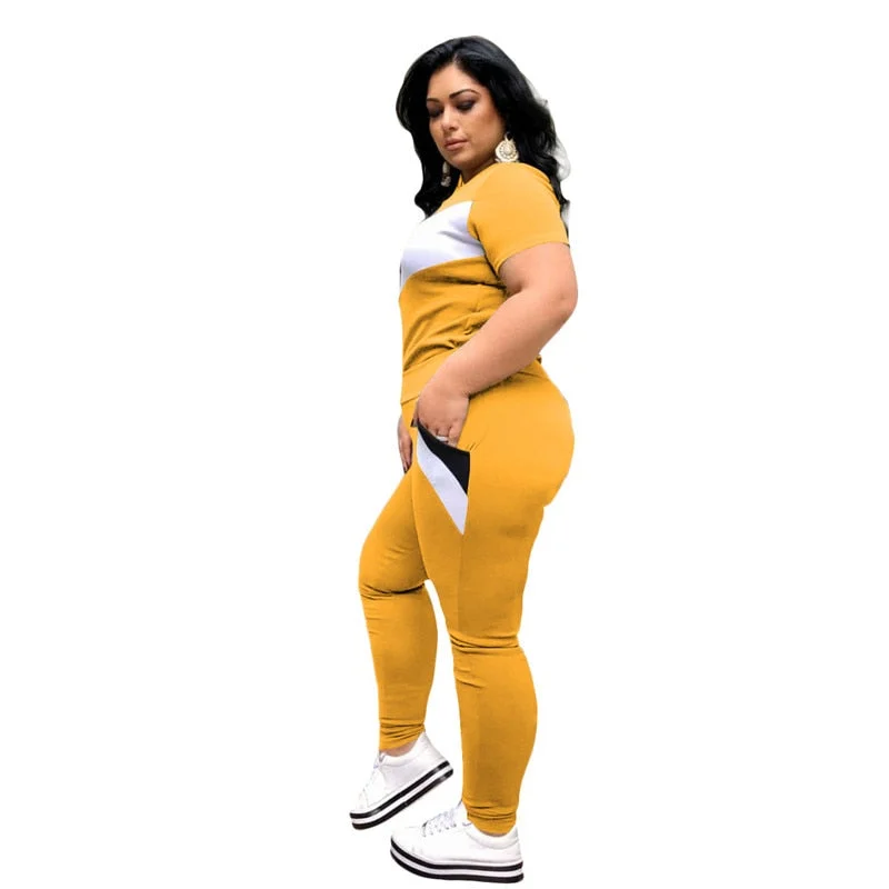Plus Size 2 Piece Set Women Tracksuits Patchwork Crop Top Short Sleeve Leggings Jogger Sport Suit Stretch Wholesale Dropshipping