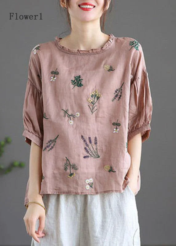 Modern Pink Regular Embroidered Summer Floral Half Sleeve