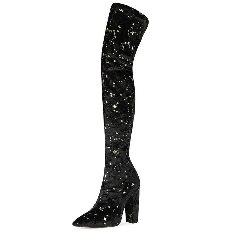 Novameme Women's Pointed Toe Thick Heel Golden Velvet Bronzing Leg-Cultivating Fashion Catwalk Over-the-knee Elastic Boots