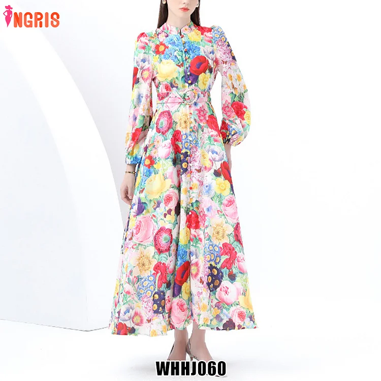 2025 Spring New Waist Stand Collar Single Breasted Lantern Sleeve Cardigan Printed Dress Woman Printed Dress-WHHJ060