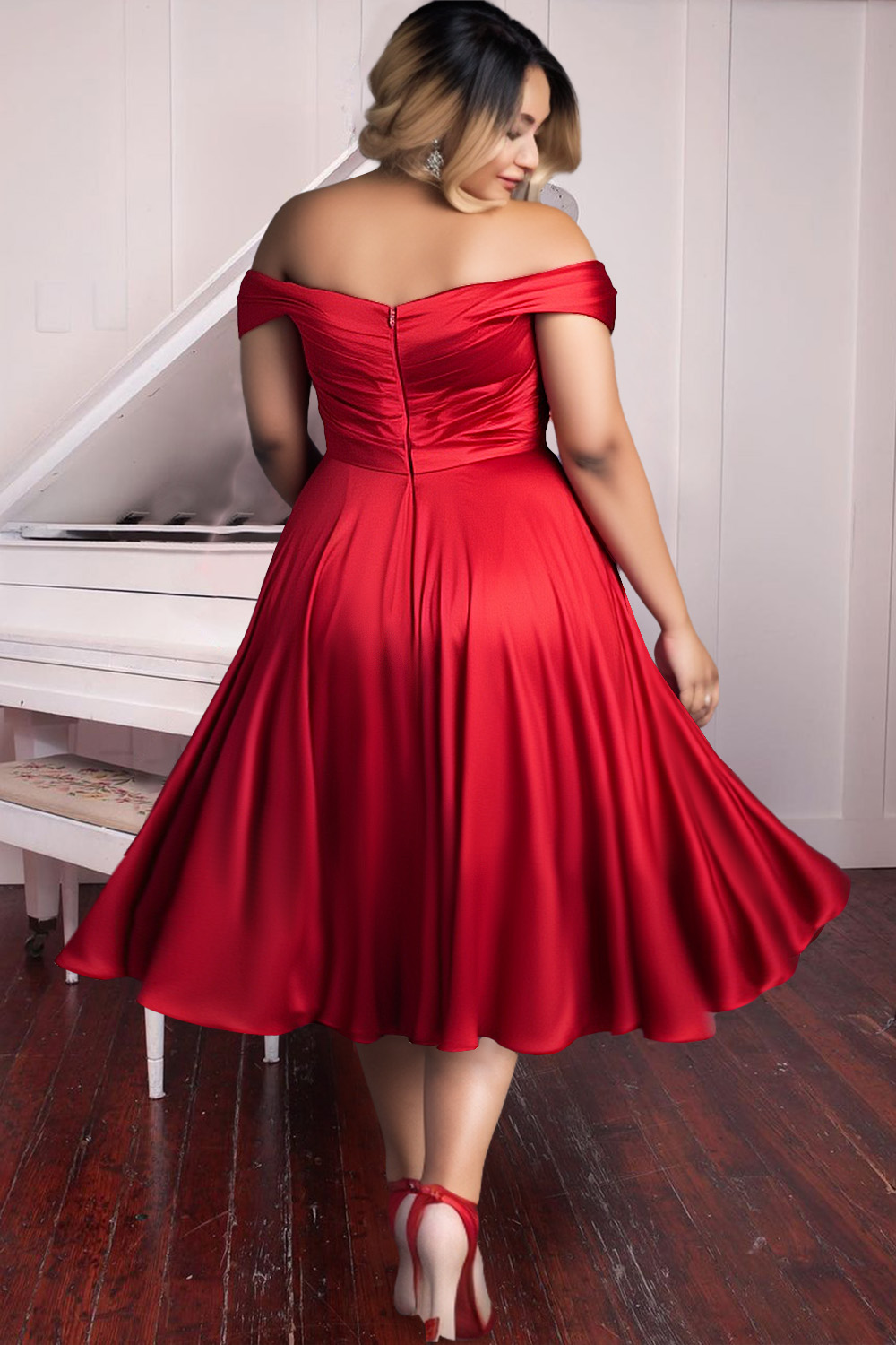 Design Plus Size Cocktail Party Midi Dresses Elegant Red Fall Winter Off The Shoulder Short Sleeve Pleated A-Line Chiffon Midi Dresses
