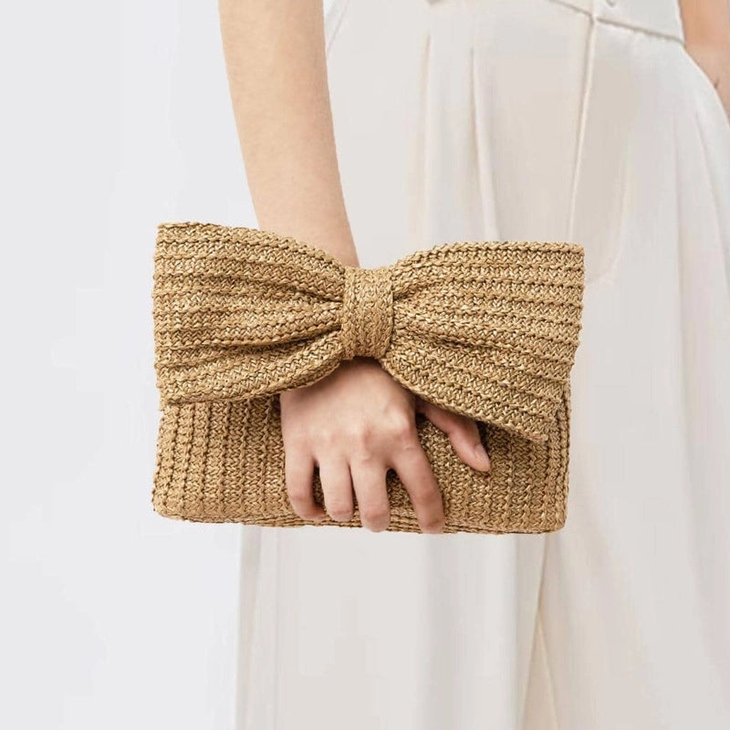 Women's Straw Bow Knot Elegant Square Zipper Clutch Bag