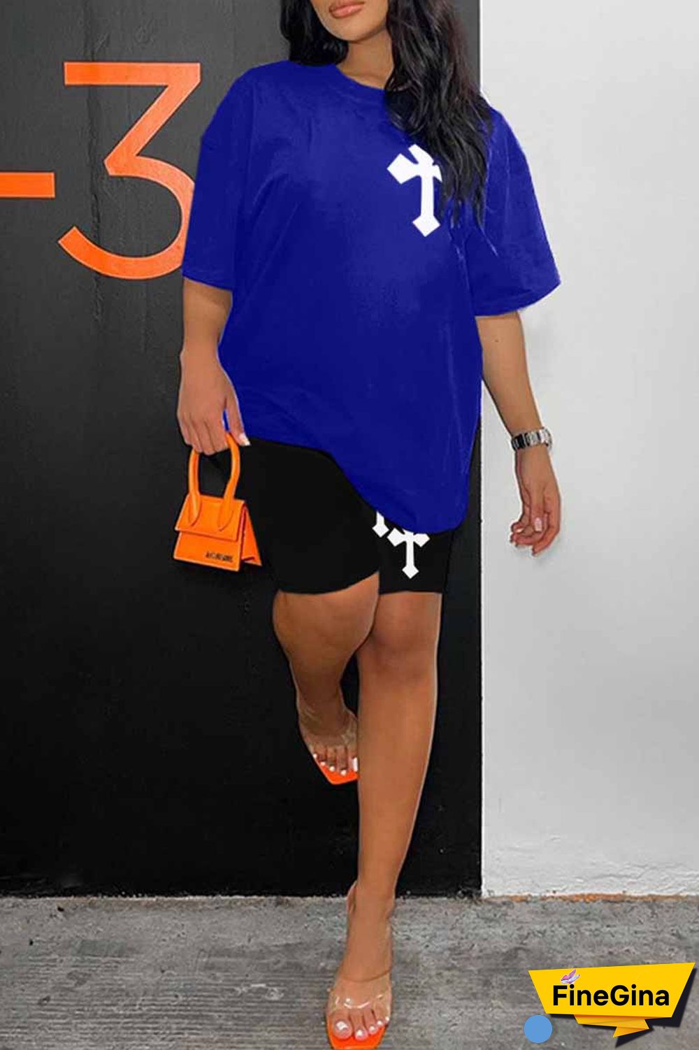 Blue Casual Print Patchwork O Neck Short Sleeve Two Pieces