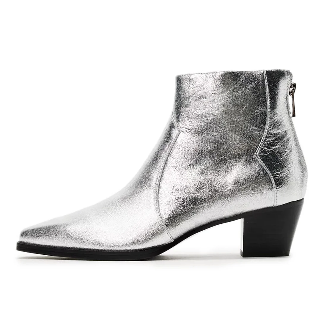 Silver Snip Toe Vegan Leather Back-Zip Ankle Boots with Block Heel