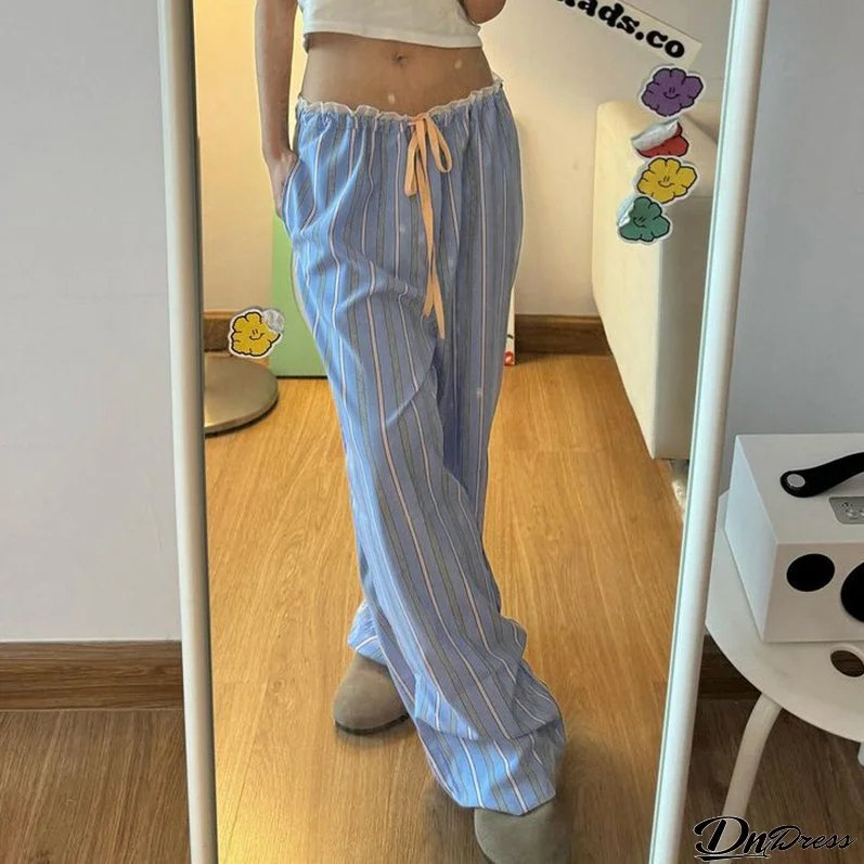 Women Summer Multi-Color Striped Lace Up Loose Wide Leg Pants