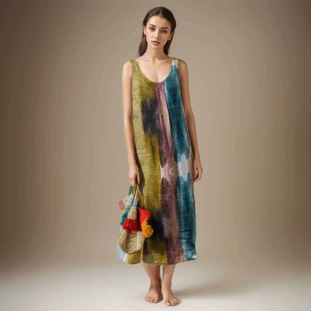 Robe Ramie Pure Tache Impression Artistique Style De Vacances- SOIE PLUS