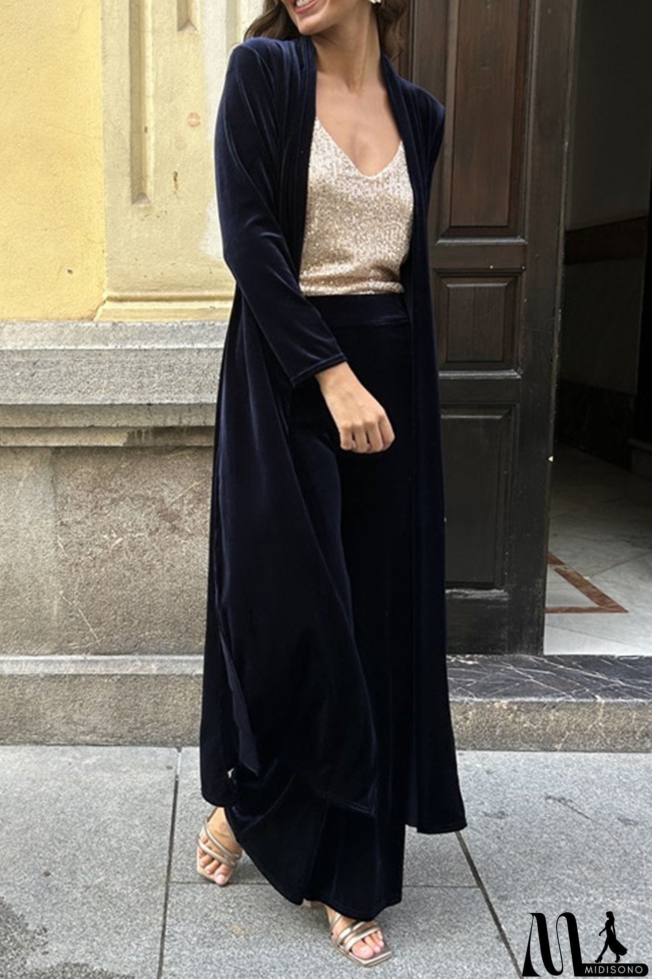 MidiSono - Velvet Slit Long Cardigan Two-piece Pants Suits